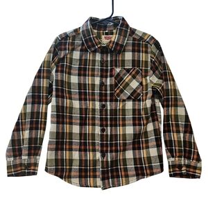 Boys 6/7 Levis Plaid Shirt Brown Green White Orange Long Sleeve Winter Shirt